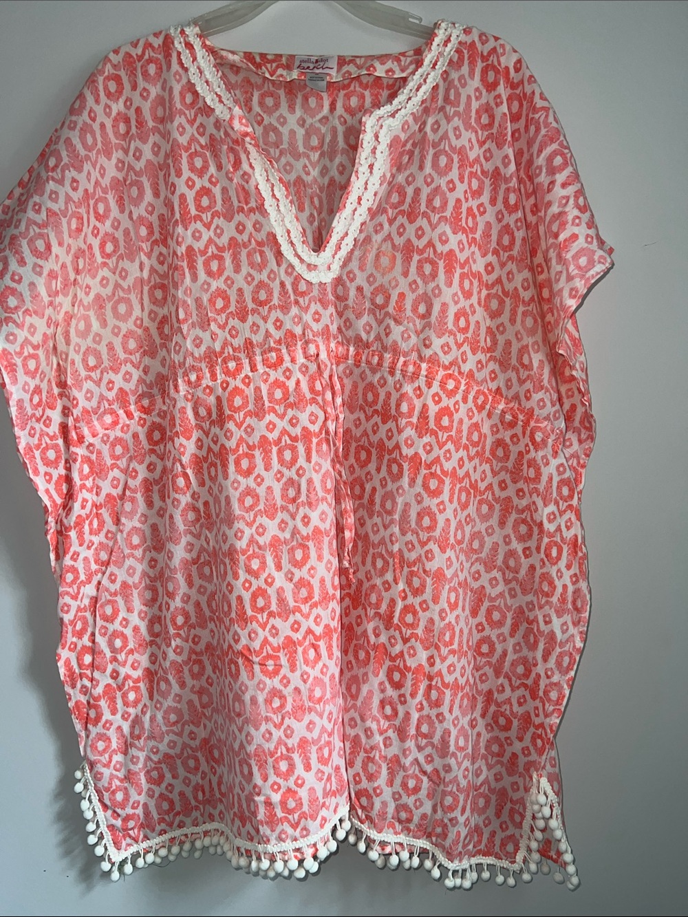 Stella & dot beach cover up coral Ikat Pom Pom Tunic one size